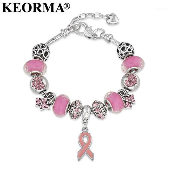 KEORMA-Colgante de lazo rosa para concientización sobre el cáncer de mama, cadena de serpiente y corazón, pulsera ajustable con dijes, brazaletes para mujer, Día de la madre G240u