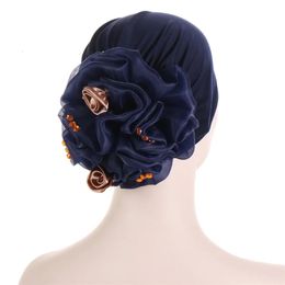 Kepahoo Satin Flower Turban Bonnet For Women Muslim Headwear Bandana Caps Islamic Headscarf Hairs Bands Hat Indian Headwrap 240515