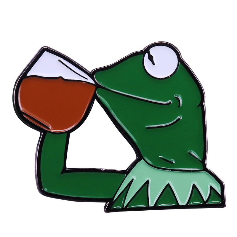 Kermit frog drinking tea "none of my business" enamel pin popular meme jewelry