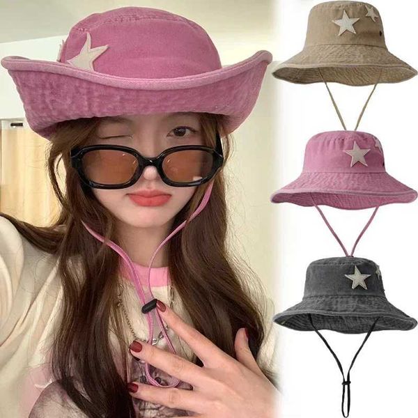 ket Chapeaux Rose Rétro Grand Bord Chapeau Y2K Punk Star Seau Chapeau D'été En Plein Air Protection Solaire Montagne Cowboy Chapeau Loisirs Jazz HatC24326