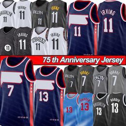 Kevin 7 Durant Basketball Jersey Irving 11 Kyrie 13 Harden T-shirt pour hommes Brooklynes City 75e anniversaire Net Noir Bleu Uniforme 2022 Nouveau