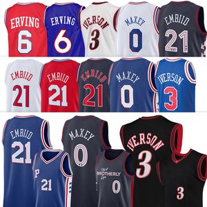 2023 2024 Tyrese Maxey Joel Embiid Basketball Jersey Allen Iverson Julius Erving Sixer City Black Edition Chemise rétro Blanc Bleu Maillots