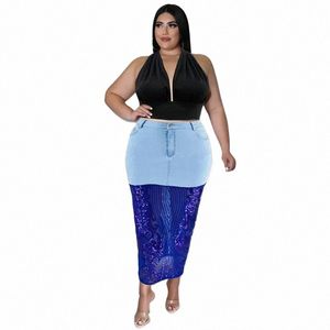 Kexu Lovertjes Patchwork Rits Hoge Taille Magere Zomer Denim Rok 2024 Plus Size Vrouwen Streetwear Fi Maxi Jean Rokken G3Ez #