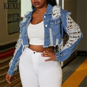 Vestes Femmes Pantalons Creux Trou Denim Manteaux Lâches Et Grande Taille XL-5XL Femmes Streetwear Veste Déchirée Boutonné Sexy