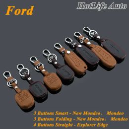 Sleutel Echte lederen auto Key Case Cover Keychain Past voor Ford Mondeo Nieuwe Mondeo Explorer Edge Smart/Folding Remote Car Key Rings