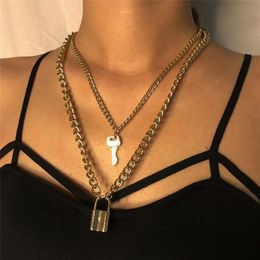 Collier pendentif cadenas à clé pour femmes, collier avec serrure en or et argent, chaîne superposée sur le cou avec serrure, Punk, bijoux 339e