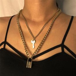 Collier pendentif cadenas à clé pour femmes, collier avec serrure en or et argent, chaîne superposée sur le cou avec serrure, Punk, bijoux 2604