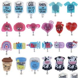 Key Rings 10 PCS/Lot Mix Styke Medical Series Bling Glitter Acryl -intrekbare badge Reel met alligatorclip voor Healare Worker Dro DH1HS