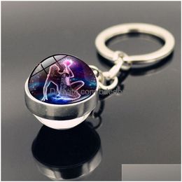 Llaveros 12 Signo del zodiaco Bola de cabujón de cristal Llavero Aries Géminis Estrella Horóscopo Colgante Anillo de doble cara Bolsa Cuelga Joyería de moda Dhkfh