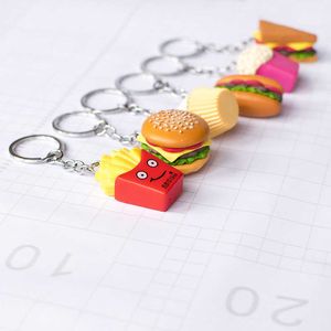 Sleutelringen 1 stks schattige hamburger popcorn sleutelhanger sleutelring voor vrouwen heren cartoon creatieve friet zand eten tas auto airpods box accessoires g230210