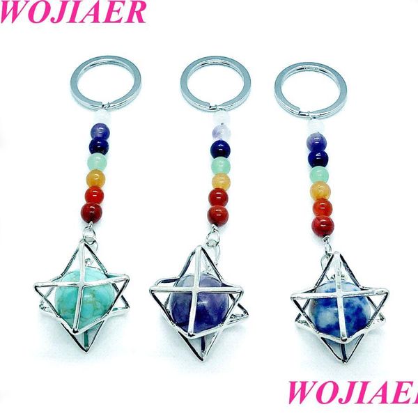 Porte-clés 7 Chakra Quartz Porte-clés Pierres précieuses naturelles Perles Porte-clés Merkaba Médaillon Pendentif Sacs de voiture Accessoires Bijoux B Bdejewelry Dhtgg