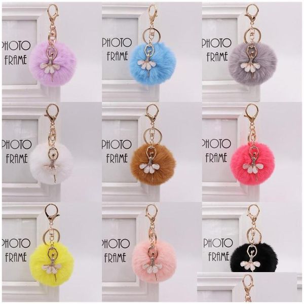 Llaveros 8Cm Mujeres Pompom Anillo de felpa Pom Dancing Angel Llavero Fluffy Rex Rabbit Fur Ball Llavero Bolso Colgante Charm 199 R2 Dro Otvt3