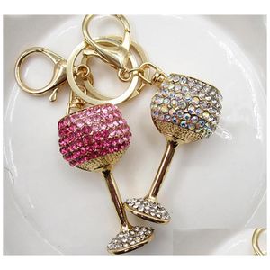 Porte-clés design attrayant verre à vin forme anneau incrusté strass chaîne en métal sac pendentif joli cadeau délicat souvenir goutte livrer Dhodj