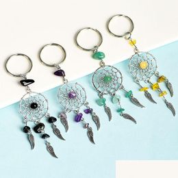 Porte-clés Bohème Dreamcatcher Porte-clés Plume En Métal Pendum Porte-clés Pierre De Cristal Naturel Pendentif Sac À Main Ornement Acc Drop Delive Dhcub