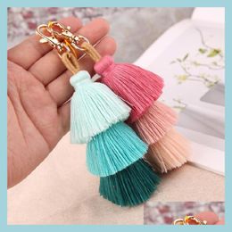 Sleutelringen Boho Colorf MTI Laag Tassel Bag Key Ring Handgemaakte Charm Keychain -tassen Hangt mode sieraden Drop levering Dhynj