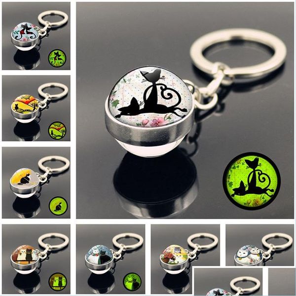 Porte-clés dessin animé chat boule de verre porte-clés brille dans le noir pendentifs porte-clés sac accroche bijoux de mode livraison directe Dhbm9