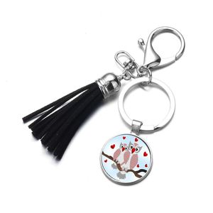 Key Rings Cartoon Owl Glass Cabochon Key Ring Tassel Keychain Holders Bag Hang Fashion Sieraden Drop levering DH9Py