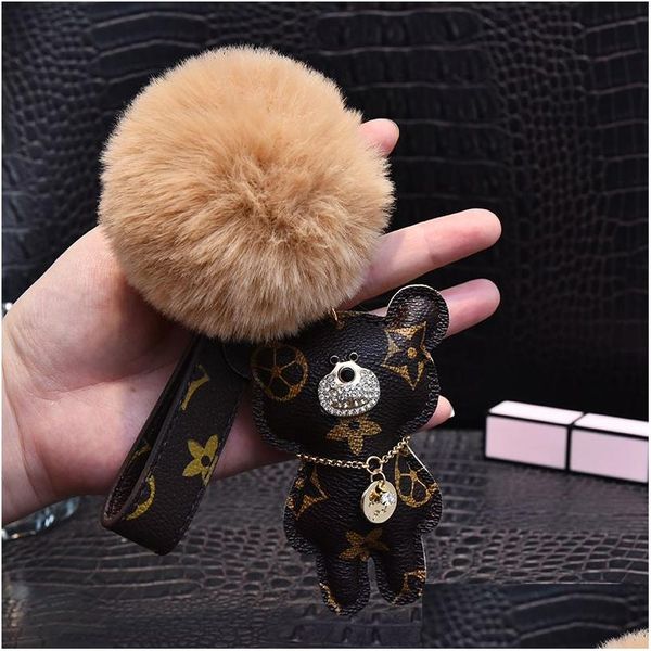 Porte-clés Chat Ours Pompon Chaîne Accessoires Mode Strass Bague PU Cuir Teddy Voiture Porte-clés Boucle Bijoux Sac Charme Animal Keyr Dhb2T