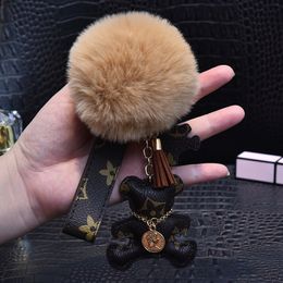 Sleutelringen Cat Bear Pompom Key Chain Accessoires Mode Rhinestone Key Ring Leather Teddy Car Keychain Buckle Juwelentas Charm Animal Keyringhouder voor mannen Dames