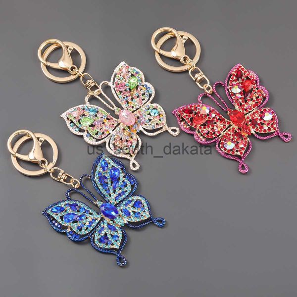 Porte-clés papillon coloré porte-clés cristal complet strass porte-clés en alliage pour femmes sac de voiture accessoires bijoux de mode x0914