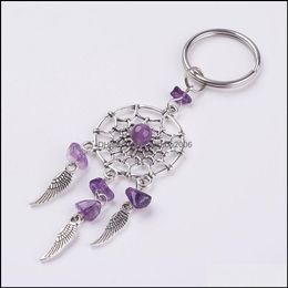 Key Rings Crystal Chips Dream Catchers Metal Tassel Wings Healing Keychain Keyring Pink Quartz Amethyst Green Aventurine Drop Lever Dhukm