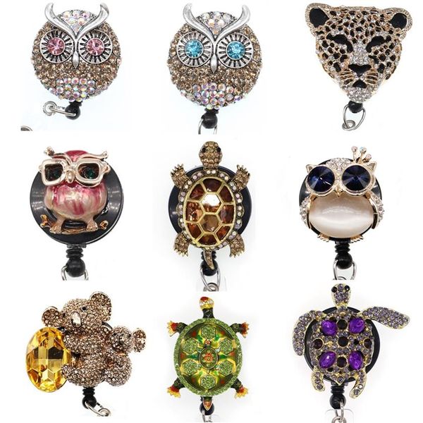 Llaveros Crystal Rhinestone Animal Turtle Tiger ID Badge Holder Carrete retráctil para decoración de regalo 230l