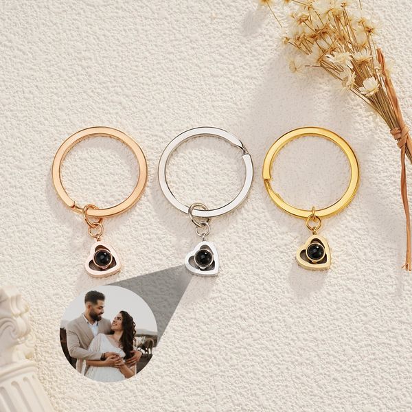 Porte-clés personnalisé en forme de cœur, Projection Po, en acier inoxydable, cadeau pour petite amie, noël 231206