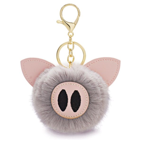 Anneaux clés mignons chic Pom Pom Piggy Pig Kechechains Bunny Rabbit Fur Ball Keyrings Animal Pom Pilets en cuir pour les clés de voiture K359