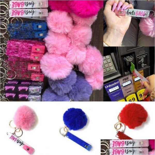 Porte-clés Carte de crédit mignonne Pler Pompon Porte-clés Acrylique Débit Bank Grabber pour long clou ATM Lapin Boule de fourrure Porte-clés Cartes roses Clip DH79U