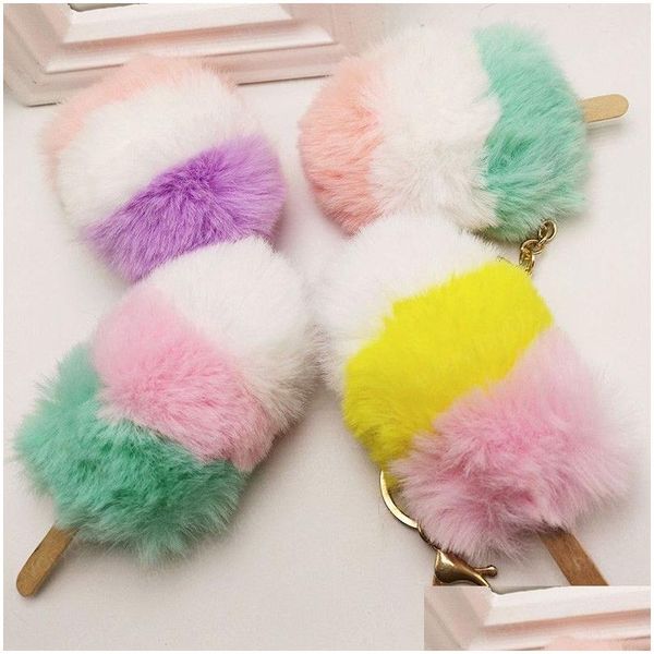 Llaveros Lindo Helado Bola de pelo Llavero Bolsa Colgantes Cadenas de pompones de piel sintética para mujeres Anillo Moda Felpa Pom Poms Drop Delivery J Dhvuf