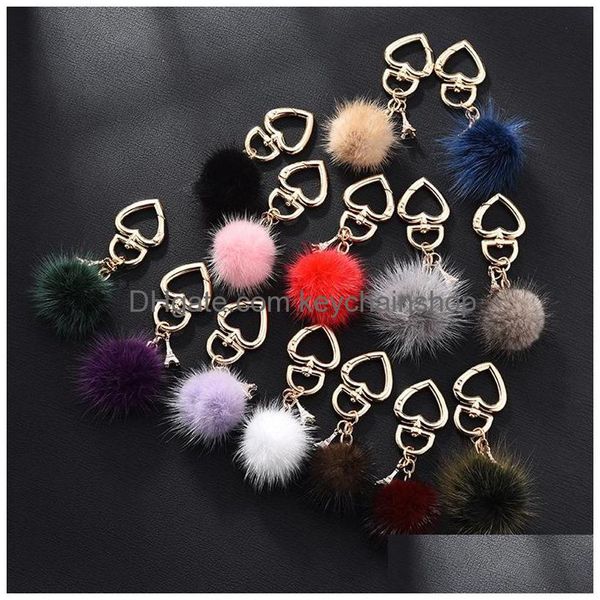 Llaveros Lindo Pompom Coche Keychian para mujeres Hombres Titular de anillo en forma de corazón Falso Bola de piel de conejo Cadenas de metal Joyería Regalo Entrega de gota Dhfb6