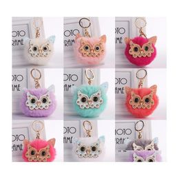 Sleutelringen Leuke pompom sieraden Trendy Animal Owl Keyring Lovely Faux Rabbit Fur Ball Keychain Women Keyfob Holder P44FA Drop Delivery DH0CP