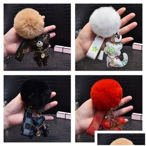 Porte-clés mignon pompon porte-clés mode chat ours en peluche designer chaîne anneau cadeaux femmes pu cuir boucles de voiture sac charme accessoires moi dh1qu