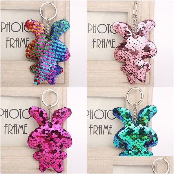 Porte-clés mignon lapin porte-clés paillettes pompon paillettes chaîne cadeaux pour femmes sac de voiture accessoires anneau livraison directe bijoux Dhelr