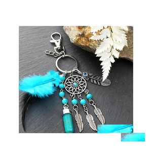 Key Rings Dream Catcher Keychains Blue Feather Tassel Hamsa Hand Evil Eye Keyring voor Wall Car Hanging Decor Amet Boho Sieraden 599 Q DHQBU