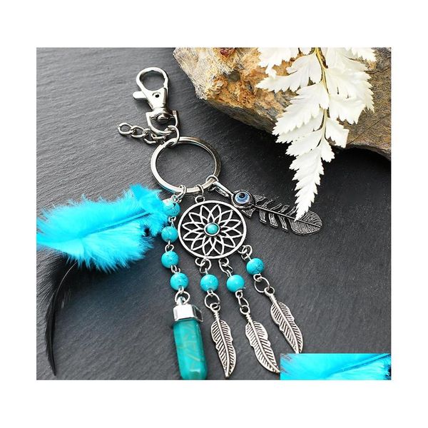 Porte-clés Dream Catcher Porte-clés Bleu Plume Gland Hamsa Main Evil Eye Porte-clés Pour Mur De Voiture Suspendus Décor Amet Boho Bijoux 599 Q Dh0Pl