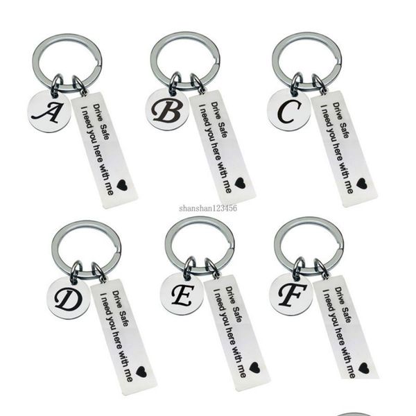 Porte-clés Drive Safe English Initial Key Rings Tag en acier inoxydable Porte-clés Sac à main Hangs Femmes Hommes Bijoux de mode Cadeau Dro Dhrdv