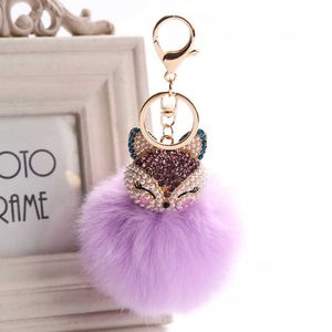 Porte-clés fantaisie fantaisie nouveau lapin 8 cm boule de fourrure tête de renard incrusté perle strass voiture porte-clés sac à main porte-clés G230526