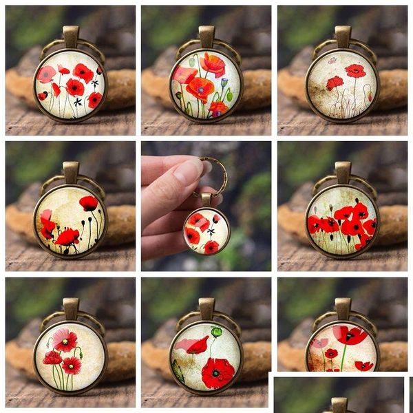 Porte-clés Mode Art Porte-clés Femmes Bijoux Pendentif En Bronze Antique Motif Fleur Rouge Sauvage Cabochon Verre Chaînes D'été Drop Delivery Dh2Gr