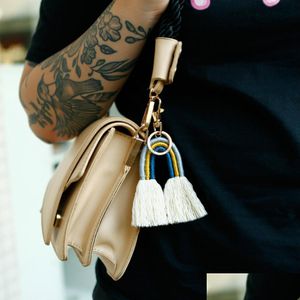 Key Rings Fashion Boho Weave Rainbow Tassel Keychain Bag Hang Gold Key Holder Holder Sieraden Geschenkdruppel Dh0GF