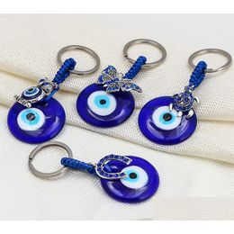 Key Rings Fashion Butterfy Turtle Owl Palm Palm Evil Eyes Keychain Metal Keyring Glass Lucky Blue Eye Pendant Ornament Keychains voor Wome DHKWS