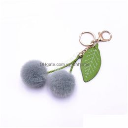 Key Rings Fashion Cherry Key Chain Fluffy Artificial Rabbit Fur Ball Pompom Leaf Keychain Charm Handtas Auto -houder Pendant Gift 2022 DHWKB