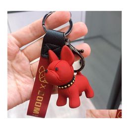 Key Rings Fashion Punk Franse Bldog Keychain PU Leather Dog Keychains For Women Bag Jewelry Trinket Mens Auto Ring Chain Drop levering DHJFO