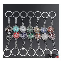 Key Rings Fashion Tree of Life Natural Stone Pendant Keychain Quartz Stones Pink Crystal Keychains Accessoires Drop levering sieraden DHDG4