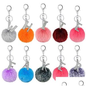 Sleutelhangers Fluffy Mticolor Pompon Imitatie Konijnenbont Bal Sleutelhangers Kristal Letters Houder Trendy Sieraden Tas Accessoires Cadeau Drop Deliv Dhmkd