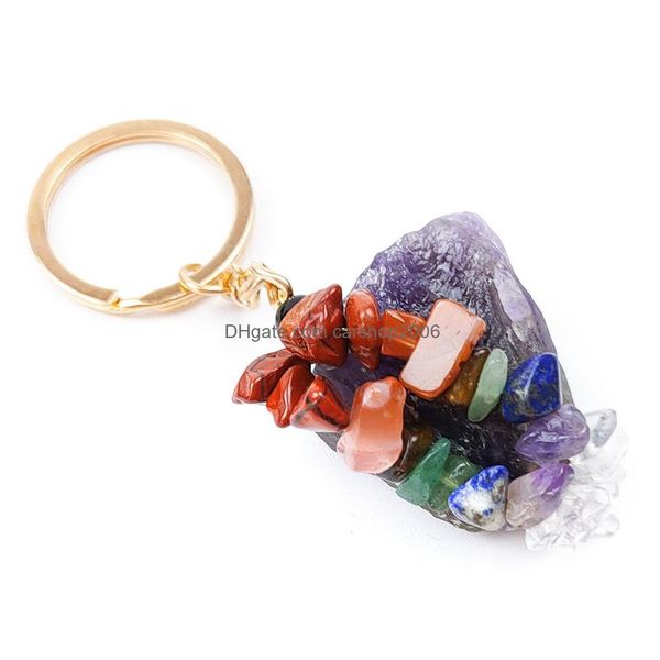 Porte-clés Artisanat folklorique Pierres précieuses Bague en pierre naturelle Quartz Améthyste brute Oeil de tigre Cristal Porte-clés Agate Minerai Méditation Pendentif Accrocher Dhzpw