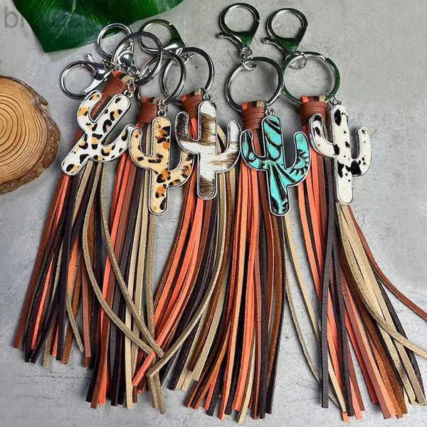 Anillos clave Leopardo de cuero genuino Cactus Charm Velvet Tassel Fringe Caqueta Key Fashion Western Keychain Boho Bag Accessories 240412