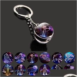 Key Rings Glow in the Dark 12 Constellation Zodiac Signs Picture Double Side Cabochon Glass Ball Keychain Sieraden Verjaardag G Dhgarden DHBSC