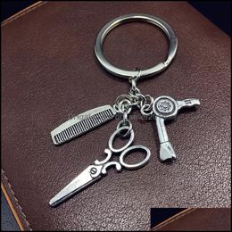 Sleutelringen Haarstylist Schaar Kamdroger Haircut Was Blow Keychain-Tibetan Sier Charm Pendant Key Chain Ring Diy Fit Keychain D DHDol