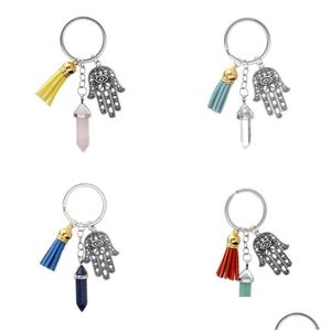 Belangrijkste ringen Hamsa Hand Fatima Keychain Tassel Zhexagonaal prisma Chakra Natural Stone Evil Eye Crystal Pendant Charm Keyring sieraden ring Othy0